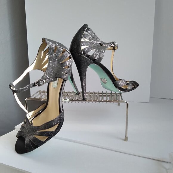 Black Suede Silver Glitter Peep Toe Cut Out Stiletto Heel TStrap Sandals Sz 9.5 - Picture 13 of 13